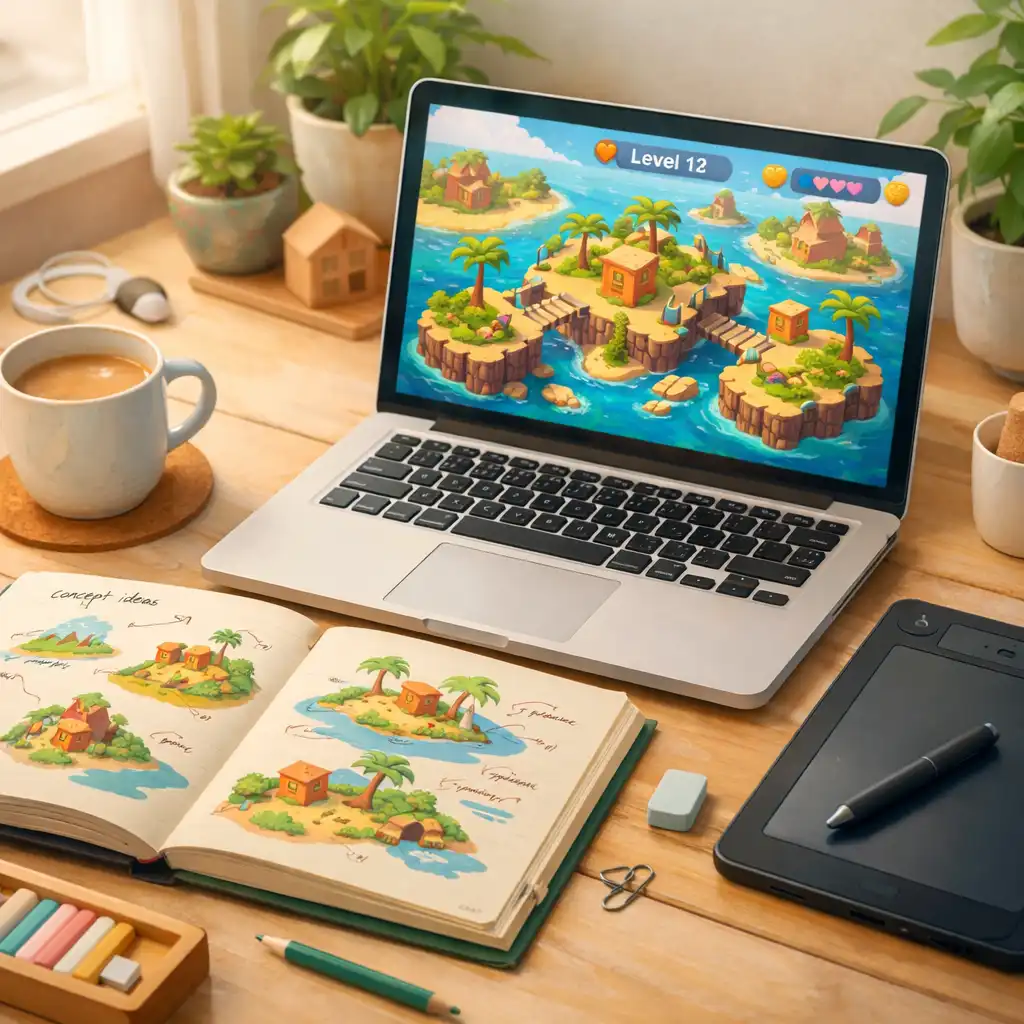 Fejlesztői munkakörnyezet laptop és vázlatok
